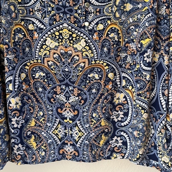 Liz Claiborne Blue Yellow Paisley Print Gold Buttons V-neck Size M Long Sleeve - Picture 3 of 14